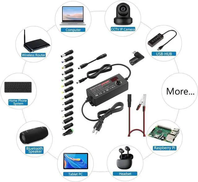 Alt view image 7 of 7 - SHNITPWR 72W universal Power Supply Adjustable DC 3V ~ 24V 3A AC/DC Adapter with USB C Charger PD 65W Upgraded 100V-240V AC to DC Converter Variable Power Adapter, 14 Tips, Alligator Clips Power Cable