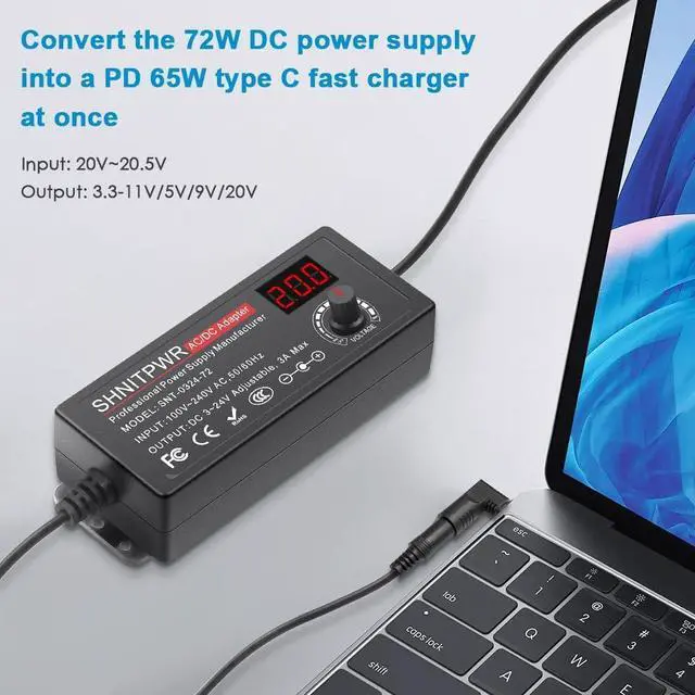 Alt view image 3 of 7 - SHNITPWR 72W universal Power Supply Adjustable DC 3V ~ 24V 3A AC/DC Adapter with USB C Charger PD 65W Upgraded 100V-240V AC to DC Converter Variable Power Adapter, 14 Tips, Alligator Clips Power Cable