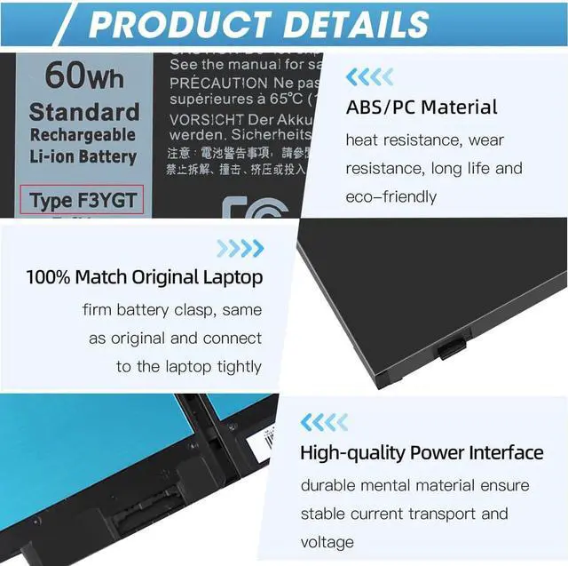 Alt view image 5 of 7 - 60Wh F3YGT Battery Latitude 7480 Battery Replacement for Dell Latitude 12 7000 7280 7290/13 7000 7380 7390 P29S002/14 7000 7480 7490 P28S P28S001 P73G P73G002 Series DM3WC 0DM3WC DM6WC 2X39G 7.6V