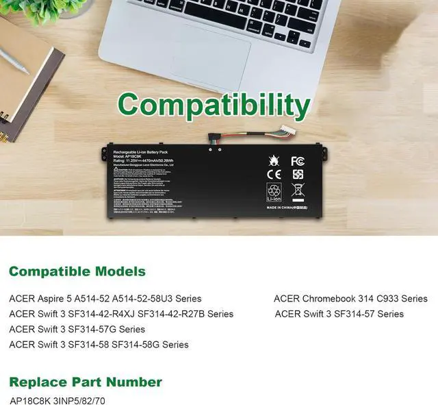 Alt view image 5 of 7 - AP18C8K Laptop Battery Compatible with Acer Aspire 5 A514-52 A514-54 7 A715-42G Swift 3 SF314-42 SF314-57 SF314-57G SF314-58 SF314-59 Chromebook CB315-3H 314-C933 TravelMate P2 TMP215-52 A514-52-58U3