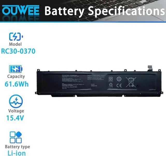 Alt view image 2 of 5 - RC30-0370 Laptop Battery Compatible with Razer Blade 14 2021 2022 RZ09-0370 RZ09-0368 RZ09-0427 RZ09-0370AE23 RZ09-0370BEA3-R3U1 RZ09-0370CEA3-R3U1 RZ09-0427EE23-R3U1 Series 61.6Wh 15.4V