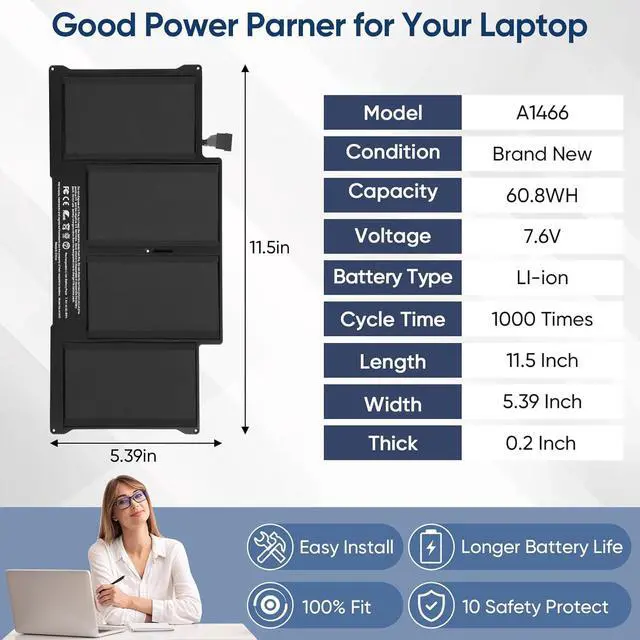 Alt view image 7 of 7 - 8000mAh A1466 Replacement Laptop Battery for MacBook Air 13 inch A1466 (Mid 2012,Mid 2013,Early 2014,Early 2015,2017) A1369(Late 2010,Mid 2011 Version) A1496 A1405 A1377 (EMC :2925, 2469, 2559, 2392)