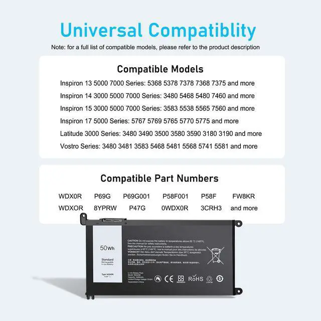 Alt view image 5 of 7 - Upgraded 50Wh WDX0R Laptop Battery Replacement for Dell Inspiron 13 15 5000 7000 Series 5378 7378 5570 7573 7579 Latitude 3500 3580 WDXOR P69G 3CRH3 P58F and More