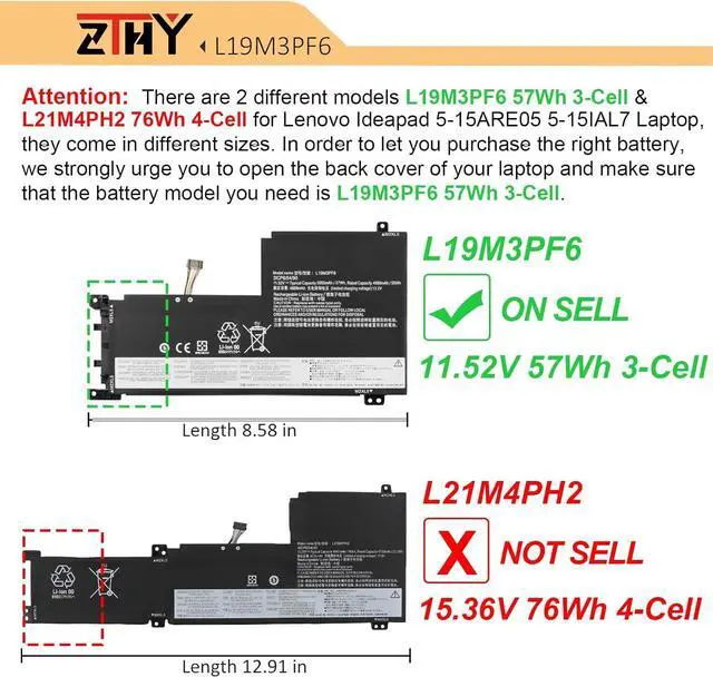 Alt view image 4 of 7 - 57Wh L19M3PF6 L19L3PF2 L19C3PF5 Laptop Battery Replacement for Lenovo Ideapad 5-15IIL05 5-15ARE05 5-15ITL05 5-15ARE05 5 15IAL7 5 15ABA7 Series 82SG L19M4PF1 L19L4PF1 L19C4PF1 L19D3PF3 L19C3PF4 11.52V