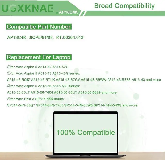 Alt view image 5 of 7 - AP18C4K Battery Replacement for Acer Aspire 5 A515-43 A515-43G A515-43-R057 A515-43-R19L A515-44 A515-44G Spin 3 SP314-54N SP314-54N-54XS A515-43-R057 A515-44G-R26L 11.4V 48Wh