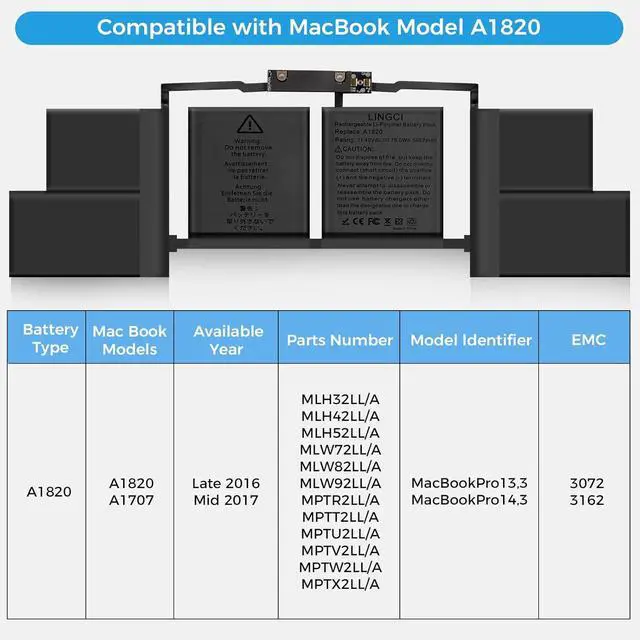 Alt view image 4 of 7 - A1820 A1707 Battery Replacement for MacBook Pro A1707 (2016, 2017) 15-inch A1820 Battery EMC 3072 EMC 3162 (11.4V 78Wh 6667mAh)
