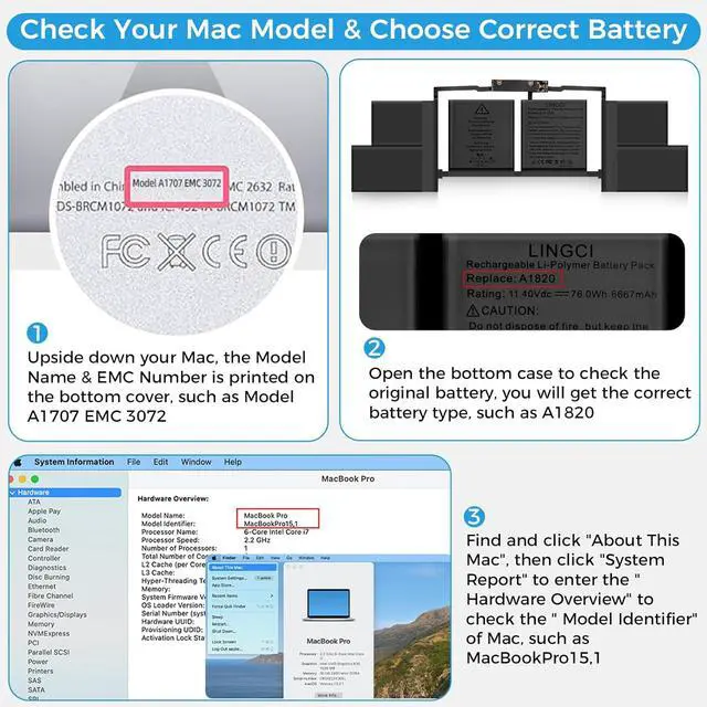 Alt view image 6 of 7 - A1820 A1707 Battery Replacement for MacBook Pro A1707 (2016, 2017) 15-inch A1820 Battery EMC 3072 EMC 3162 (11.4V 78Wh 6667mAh)