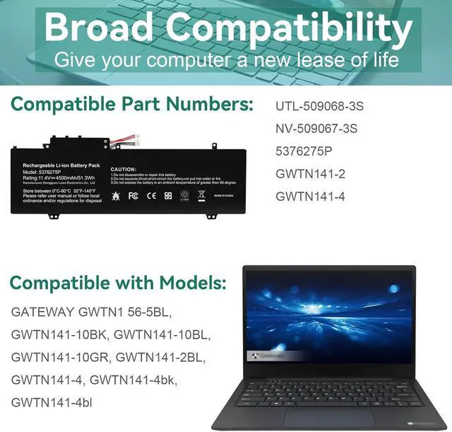 Alt view image 7 of 7 - 5376275P NV-509067-3S UTL-509068-3S Laptop Battery for Gateway GWTN141-10BK GWTN141-10BL GWTN141-10GR GWTN141-4 Gwtn141-4BL GWTN141-4BK GWTN156-5BL GWTN141-2BL GWTN156-7BK 11.4V 51.3Wh 4500mAh