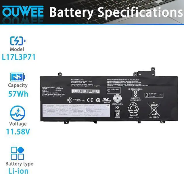 Alt view image 2 of 5 - L17L3P71 L17M3P71 Laptop Battery Compatible with Lenovo ThinkPad T480S Series Notebook 01AV478 SB10K97620 01AV479 SB10K97621 L17M3P72 01AV480 SB10K97622 11.58V 57Wh 4920mAh