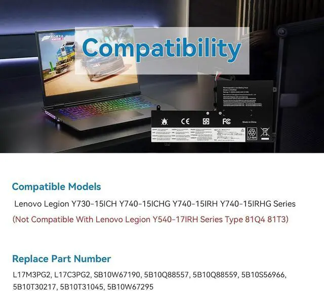 Alt view image 5 of 7 - ASUNCELL L17M3PG2 Laptop Battery Compatible with Lenovo Legion Y7000-2019 Y7000P-1060 Y530-15ICH-1060 Y540-15IRH Y540-17lRH Series L17C3PG2 5B10Q88555 5B10Q88559 11.52V 57Wh 4955mAh Ultra-Long Line