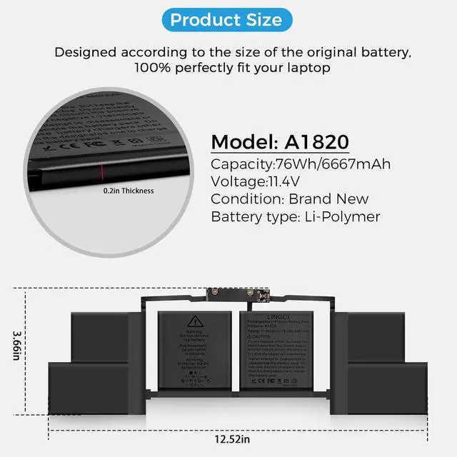 Alt view image 3 of 7 - A1820 A1707 Battery Replacement for MacBook Pro A1707 (2016, 2017) 15-inch A1820 Battery EMC 3072 EMC 3162 (11.4V 78Wh 6667mAh)