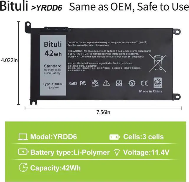 Alt view image 2 of 6 - YRDD6 1VX1H Battery for Dell Inspiron 5482 5485 7586 3583 5491 5591 5481 3310 2-in-1 5593 5584 3493 3593 3793 5480 3582 5581 5590 3584 5493 5585 5594 5598 3501 P93G001 VM732 Vostro 3491 5490