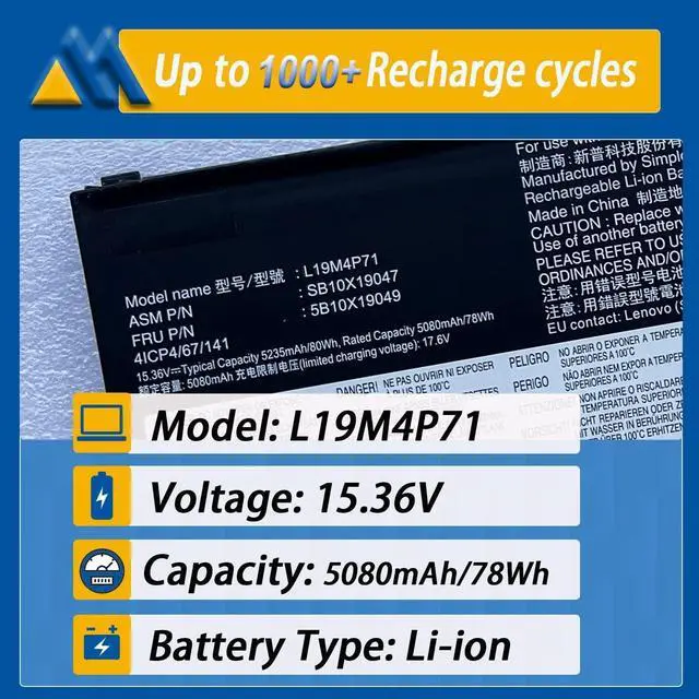 Alt view image 2 of 7 - L19M4P71 Laptop Battery Replacement for Lenovo ThinkPad X1 Extreme P1 3rd Gen Series ThinkPad X1 Extreme 3rd Gen Notebook 5B10X19050 5B10X19047 5B10X19049 L19C4P71 5B10X19048 15.36V 80Wh 5235mAh