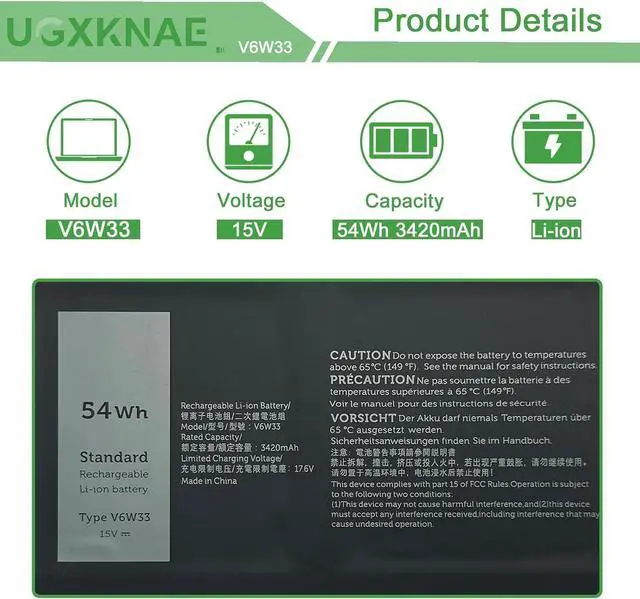 Alt view image 2 of 7 - V6W33 54Wh Laptop Battery Compatible with Dell Inspiron 15 3510 3511 5310 5410 5418 5515 5510 5518 Vostro 3510 3511 3515 5410 5510 Latitude 3320 3520 3420 Series Laptop G91J0 TN70C 15V