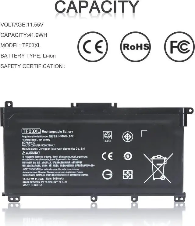 Alt view image 4 of 6 - TF03XL 920070-855 Spare Battery for HP Pavilion x360 14m-cd0001dx 14m-cd0003dx 15-cc0xx 15-cc023cl 15-cc123cl 15-cc050wm 17-ar050wm 15-cc 15-cd 14-bf 14-bf050wm Serie tpn-q190920046-121