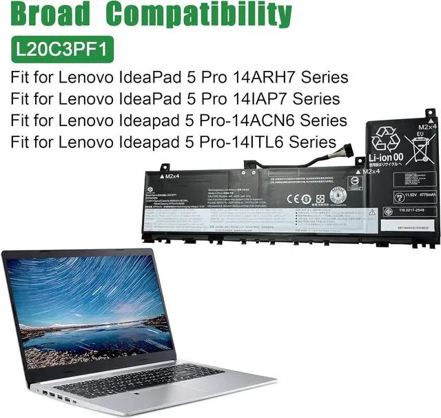 Alt view image 5 of 6 - L20C3PF1 SB11B44632 5B11B44626 Laptop Battery Replacement for Lenovo IdeaPad 5 Pro 14ARH7 14IAP7 14ACN6 Series L20M3PF1 SB11B44631 5B11B44633 L20D3PF0 SB11B44634 5B11B44625 11.52V 56.5Wh