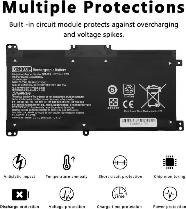Alt view image 3 of 7 - BK03XL Laptop Battery for HP Pavilion X360 14-BA 14M-BA Series 14-BA253CL 14M-BA114DX 14M-BA011DX 14-BA1XX 14-BA2XX 14-BA153CL 14-BA125CL 14M-BA013DX 14-BA175NR 14M-BA1XX 14M-BA0XX(11.55V/41.7Wh)