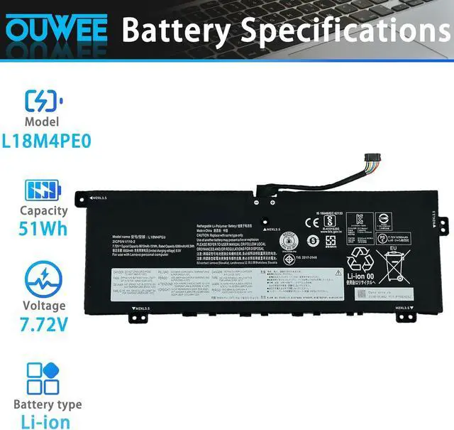 Alt view image 2 of 5 - L18M4PE0 Laptop Battery Compatible with Lenovo Yoga C740-14IML Series Notebook 5B10W67296 5B10U40209 L18L4PE0 5B10W67185 5B10U40210 7.72V 51Wh 6610mAh 4-Cell