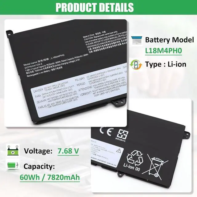 Alt view image 2 of 6 - L18M4PH0 L18C4PH0 Laptop Battery Replacement for Lenovo Yoga C940-14IIL Yoga C940 14 SP/A Series 5B10T11585 5B10T11586 5B10W67374 SB10W67323 7.68V 60Wh 7820mAh