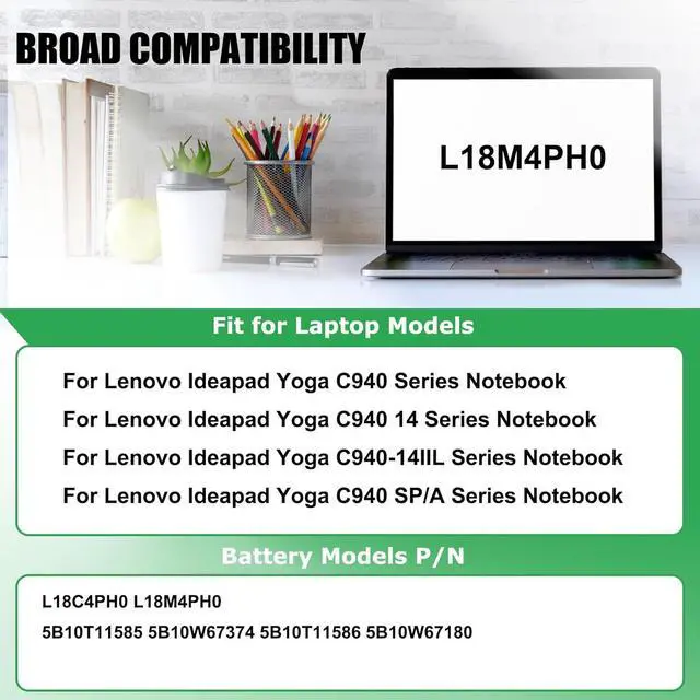 Alt view image 3 of 6 - L18M4PH0 L18C4PH0 Laptop Battery Replacement for Lenovo Yoga C940-14IIL Yoga C940 14 SP/A Series 5B10T11585 5B10T11586 5B10W67374 SB10W67323 7.68V 60Wh 7820mAh