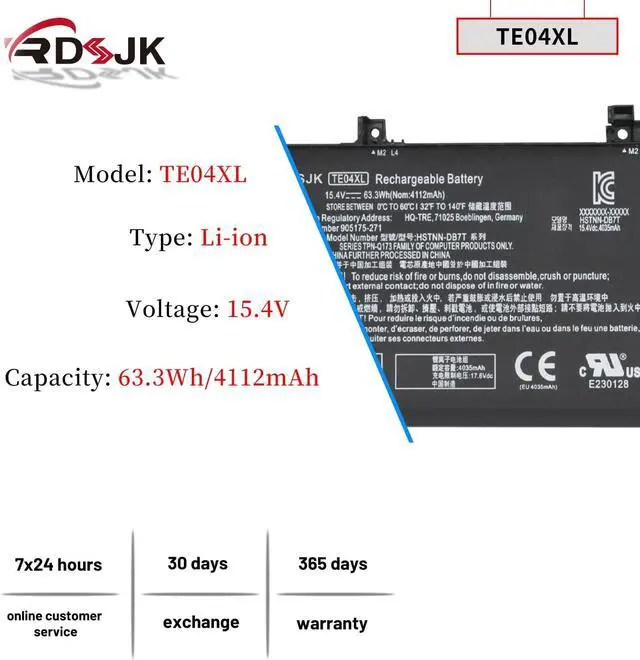 Alt view image 2 of 7 - TE04XL Laptop Battery for HP Omen 15-AX200 15-AX250WM 15-AX243DX Pavilion 15-BC200NB 15-BC251NR 15-BC204NF 15-BC200NC 15-BC201NA 905175-271 905175-2C1 905277-855 HSTNN-UB7A HSTNN-DB7T 15.4V 63.3Wh
