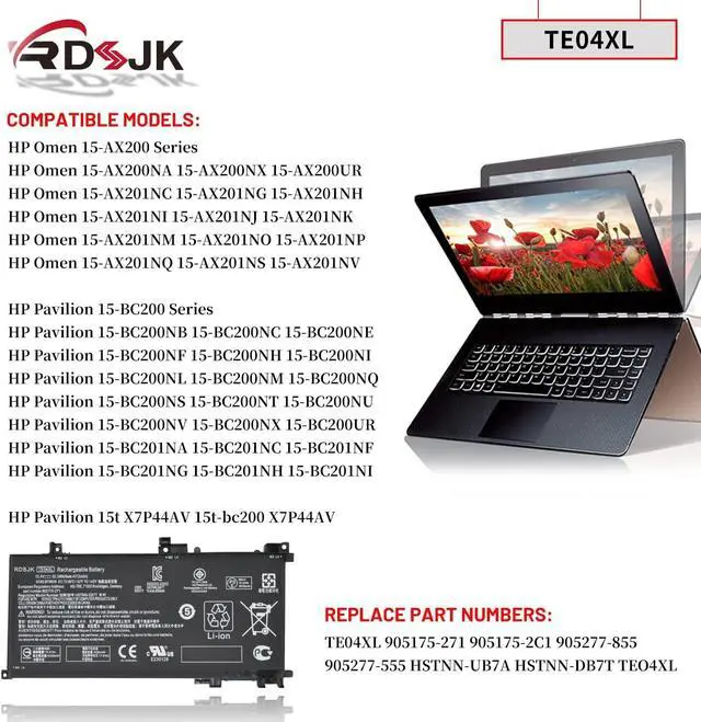 Alt view image 3 of 7 - TE04XL Laptop Battery for HP Omen 15-AX200 15-AX250WM 15-AX243DX Pavilion 15-BC200NB 15-BC251NR 15-BC204NF 15-BC200NC 15-BC201NA 905175-271 905175-2C1 905277-855 HSTNN-UB7A HSTNN-DB7T 15.4V 63.3Wh