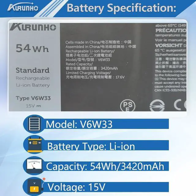 Alt view image 2 of 5 - 54Wh V6W33 Laptop Battery Replacement for Dell Inspiron 5310 5410 5418 5510 5515 5518 5625 5630 5635 3510 3511 3515 Latitude 3320 3330 3420 3520 Vostro 3515 3525 5620 5625 G91J0 TN70C