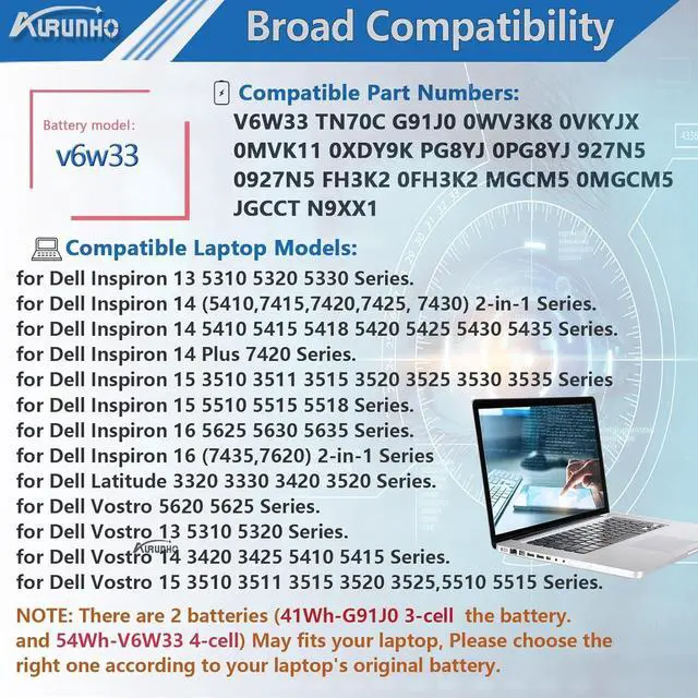 Alt view image 4 of 5 - 54Wh V6W33 Laptop Battery Replacement for Dell Inspiron 5310 5410 5418 5510 5515 5518 5625 5630 5635 3510 3511 3515 Latitude 3320 3330 3420 3520 Vostro 3515 3525 5620 5625 G91J0 TN70C
