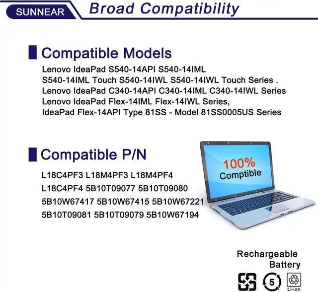 Alt view image 3 of 5 - L18C4PF3 Laptop Battery Replacement for Lenovo IdeaPad Flex-14API Flex-14IML Flex-14IWL C340-14API C340-14IWL C340-14IML S540-14API S540-14IML S540 14IWL L18M4PF4 L18M4PF3 L18C4PF4 5B10T09081