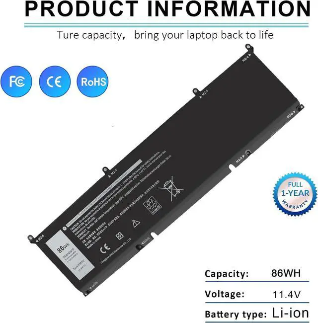 Alt view image 4 of 6 - 69KF2 Battery Replacement for Dell XPS 15 9500 9510 9520 9530 Precision 5550 5560 5570 Inspiron7510 7610 Alienware M15 M17 R3 R4,G15 5510 5511 5515 5520 5521,G7 15 7500 86Wh 11.4V