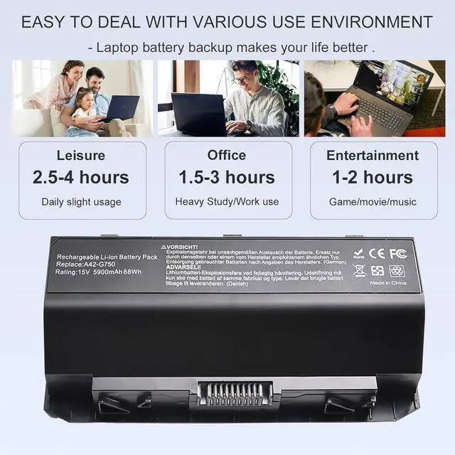 Alt view image 7 of 7 - 15V Compatible with ASUS Laptop Battery,8-Cell 5900mAh 88WH A42-G750 Laptop Battery Replacemen tG750 G750J G750JH G750JM G750JS G750JW G750JX BG750JZ and ROG Series 0B110-00200000M