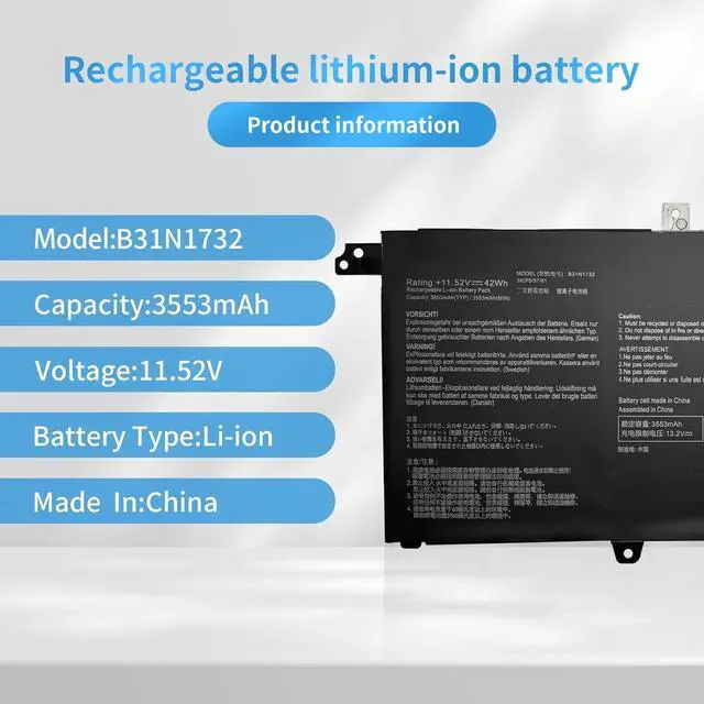 Alt view image 2 of 7 - B31N1732 B31Bi9H 0B200-02960400 0B200-02960000 Laptop Battery Replacement for Asus Vivobook S14 S430UA-EB015T S430FA-EB021T Series(11.52V 42Wh 3653mAh)
