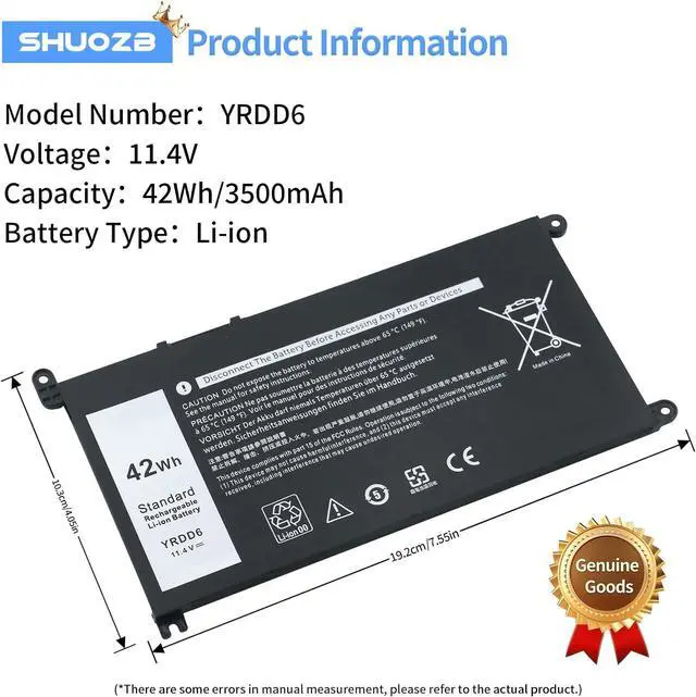 Alt view image 3 of 6 - YRDD6 42Wh Laptop Battery Replacement for Dell inspiron 14 15 17 3000 3501 3582 3583 3584 3593 3493 3793 5480 5481 5482 5485 5491 5493 5584 5585 5590 5591 5593 5594 5598 7586 Vostro 5481 1VX1H P93G
