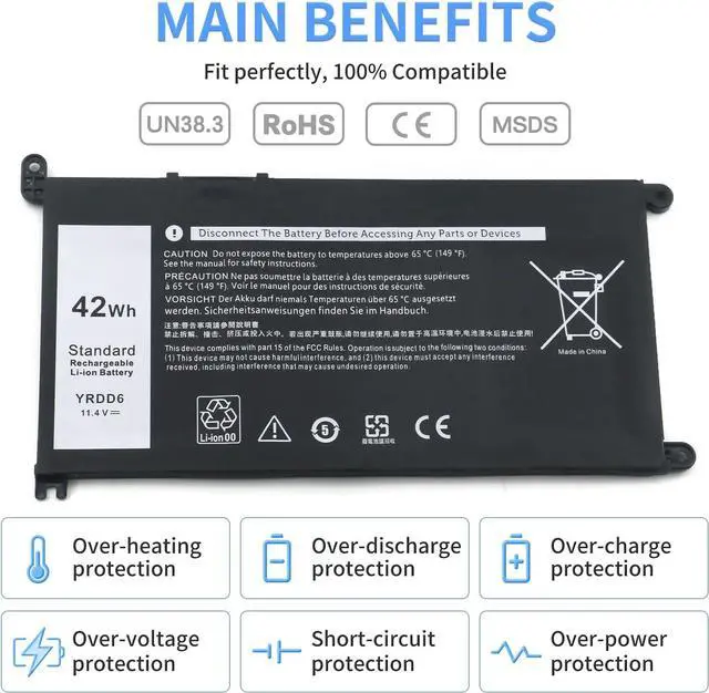 Alt view image 4 of 6 - YRDD6 42Wh Laptop Battery Replacement for Dell inspiron 14 15 17 3000 3501 3582 3583 3584 3593 3493 3793 5480 5481 5482 5485 5491 5493 5584 5585 5590 5591 5593 5594 5598 7586 Vostro 5481 1VX1H P93G