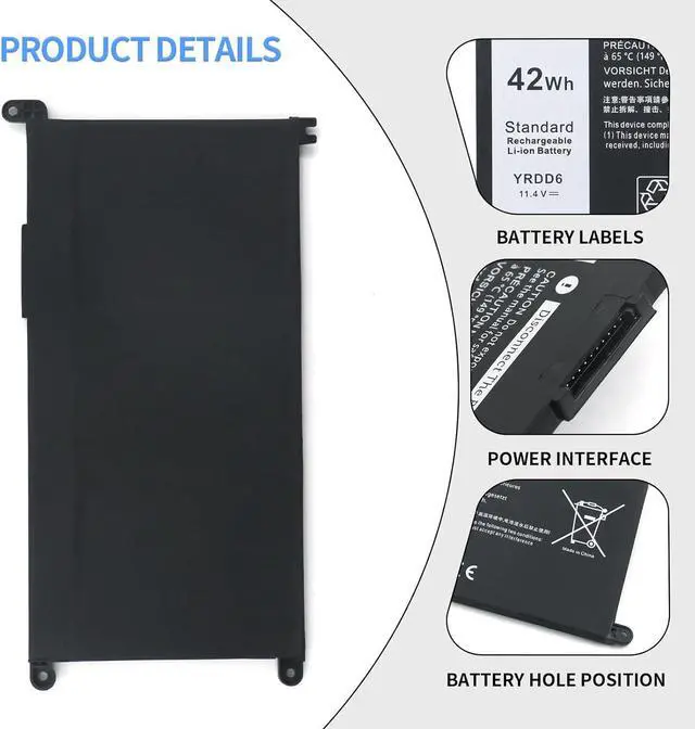 Alt view image 5 of 6 - YRDD6 42Wh Laptop Battery Replacement for Dell inspiron 14 15 17 3000 3501 3582 3583 3584 3593 3493 3793 5480 5481 5482 5485 5491 5493 5584 5585 5590 5591 5593 5594 5598 7586 Vostro 5481 1VX1H P93G