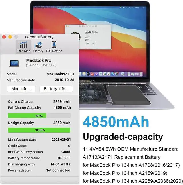 Alt view image 3 of 6 - A1708 Battery Replacement, A1713 A2171 Battery for MacBook Pro 13 inch A1708 (Late 2016, Mid 2017) A2159(2019) A2289(2020) A2338(2020,2022) EMC 3164 2978 3301 3456 3578