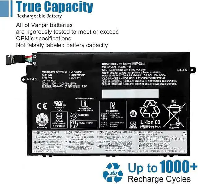 Alt view image 5 of 6 - L17M3P51 01AV446 Laptop Battery 11.1V Replacement for Lenovo ThinkPad E480 E485 E495 E580 E585 Series Notebook SB10K97607 L17C3P51 SB10K97609 01AV448 L17M3P52 01AV447 L17L3P51 01AV445