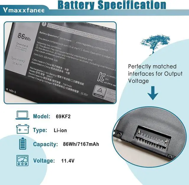 Alt view image 2 of 7 - 69KF2 86Wh Laptop Battery Replacement for Dell Precision 5560 5550 XPS 15 9500 9510 Alienware M17(R3 R4) M15 (R3 R4 R5 R6 R7) Vostro 7510 7610 Series 7167mAh