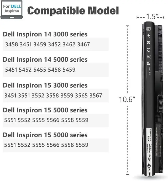 Alt view image 2 of 6 - M5Y1K Laptop Battery for Dell inspiron 14-3000 14-5000 15-3000 15-5000 Series 3451 3458 3551 3552 3558 5451 5455 5551 5552 5555 5558 5559 5566 3565 3567 Fit K185W WKRJ2 VN3N0 HD4J0[14.8V 2900mAh 41Wh]