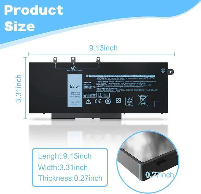 Alt view image 3 of 4 - 68Wh GJKNX Laptop Battery Compatible with Dell Latitude 5280 5288 5480 5580 5488 5590 5591 5490 5491 5495 E5480 E5580 E5490 E5590 GD1JP DY9NT 5YHR4, Dell Precision 15 3520 3530 4-Cell