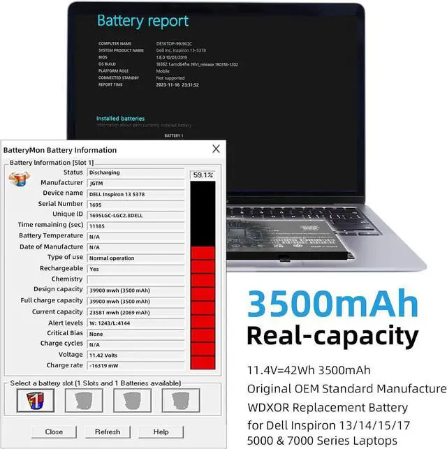 Alt view image 2 of 6 - 42Wh WDX0R Laptop Battery Replacement for Dell Inspiron 15 13 5000 7000 Series 5568 5567 5570 7579 7378 5567 7573 5565 5379 5378 Latitude 3180 3380 3590 3490 3340 Vostro 5581 5468 P69G 3CRH3 WDXOR