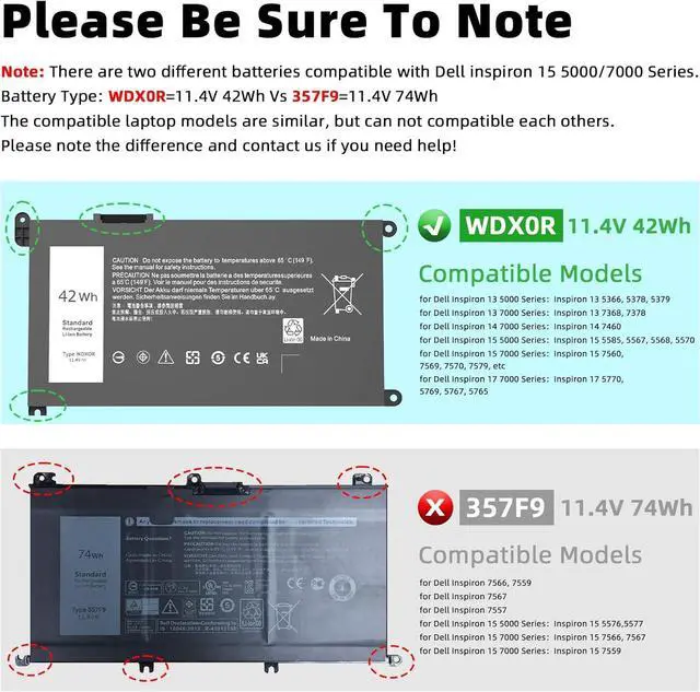 Alt view image 3 of 6 - 42Wh WDX0R Laptop Battery Replacement for Dell Inspiron 15 13 5000 7000 Series 5568 5567 5570 7579 7378 5567 7573 5565 5379 5378 Latitude 3180 3380 3590 3490 3340 Vostro 5581 5468 P69G 3CRH3 WDXOR