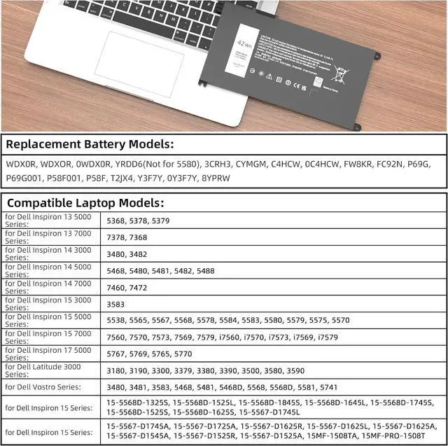 Alt view image 4 of 6 - 42Wh WDX0R Laptop Battery Replacement for Dell Inspiron 15 13 5000 7000 Series 5568 5567 5570 7579 7378 5567 7573 5565 5379 5378 Latitude 3180 3380 3590 3490 3340 Vostro 5581 5468 P69G 3CRH3 WDXOR