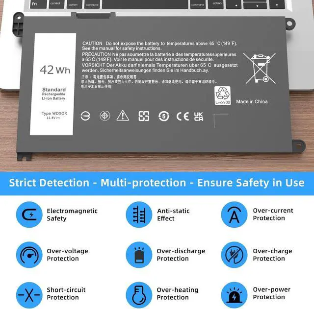 Alt view image 6 of 6 - 42Wh WDX0R Laptop Battery Replacement for Dell Inspiron 15 13 5000 7000 Series 5568 5567 5570 7579 7378 5567 7573 5565 5379 5378 Latitude 3180 3380 3590 3490 3340 Vostro 5581 5468 P69G 3CRH3 WDXOR