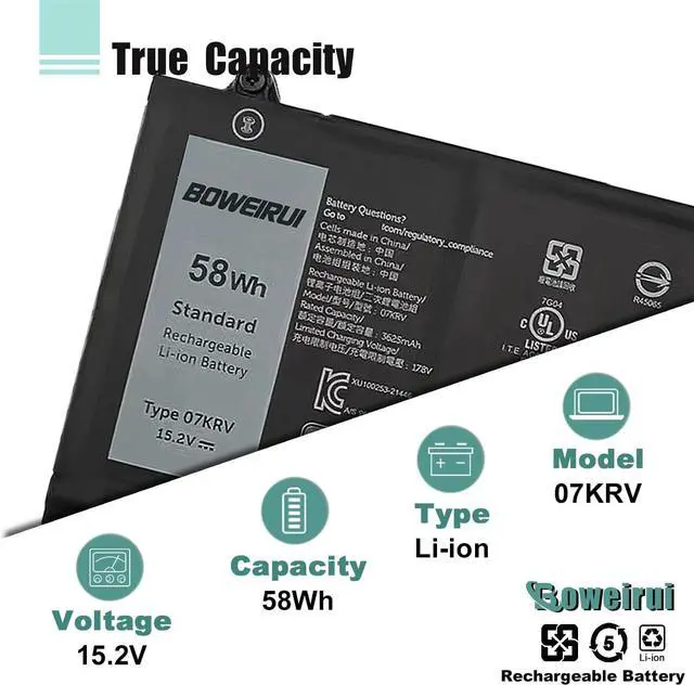 Alt view image 2 of 6 - 58Wh 07KRV Battery Replacement for Dell Latitude 5430 5530 Precision 3570 P104F P104F005 P137G P137G004 Series M69D0 H4PVC 0H4PVC 4FVJG O7KRV Y86WG 0Y86WG 08WRCR 078FWY 15.2V 3625mAh