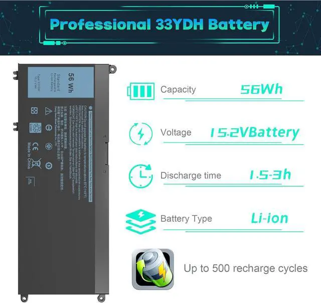 Alt view image 2 of 7 - 33YDH 56Wh Laptop Battery Compatible with Dell Inspiron 17 7000 7778 7779 7786 7773 15 7577 G3 3579 3779 G5 5587 G7 7588 13 3380 3480 14 3490 15 3590 3580 PVHT1 P30E 81PF3 081PF3 15.2V 4-cell