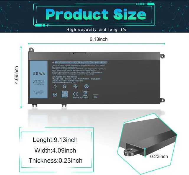 Alt view image 4 of 7 - 33YDH 56Wh Laptop Battery Compatible with Dell Inspiron 17 7000 7778 7779 7786 7773 15 7577 G3 3579 3779 G5 5587 G7 7588 13 3380 3480 14 3490 15 3590 3580 PVHT1 P30E 81PF3 081PF3 15.2V 4-cell