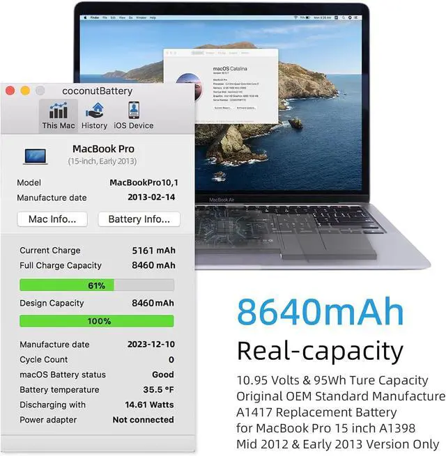 Alt view image 2 of 6 - A1398 A1417 Replacement Battery for MacBook Pro 15 inch Model A1398 Early 2013 Mid 2012 Only, Model EMC 2673 2512 Identifier: MacBookPro10,1