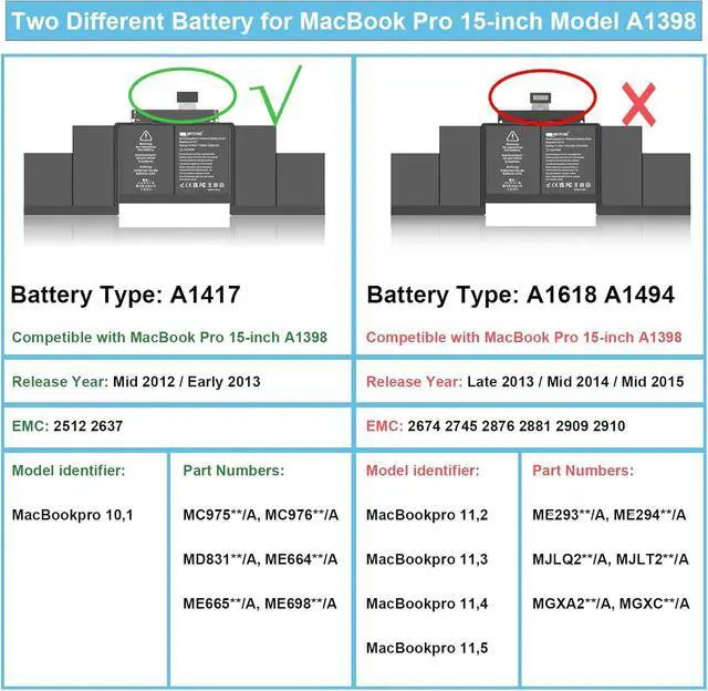 Alt view image 6 of 6 - A1398 A1417 Replacement Battery for MacBook Pro 15 inch Model A1398 Early 2013 Mid 2012 Only, Model EMC 2673 2512 Identifier: MacBookPro10,1