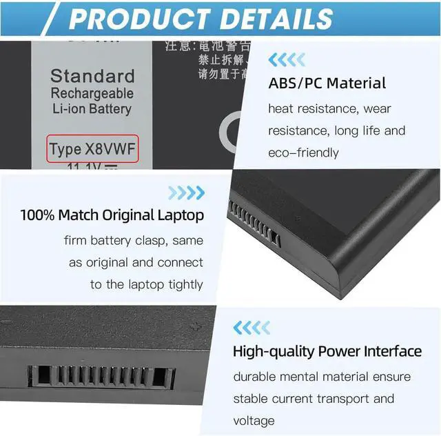 Alt view image 7 of 7 - 97Wh X8VWF Battery for Dell Latitude 14 Rugged 5404 5414 E5404 Extreme 7404 7414 E7404 Series P45G P46G P46G001 P46G002,Replacement DKNKD CJ2K1 XRJDF 4XKN5 5XT3V VCWGN XN4KN YGV51 11.1V